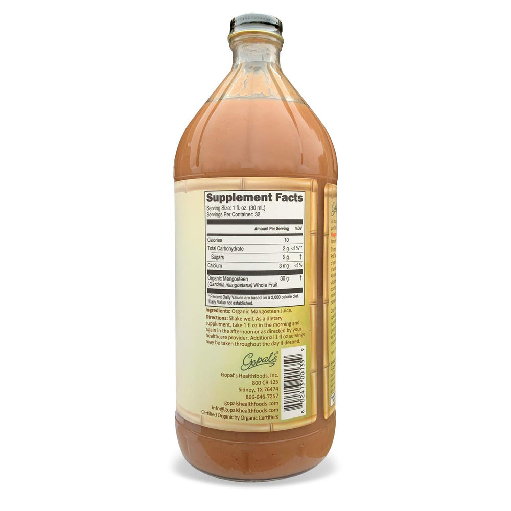 Gopal's Mangosteen One bottle side label highlighting purity