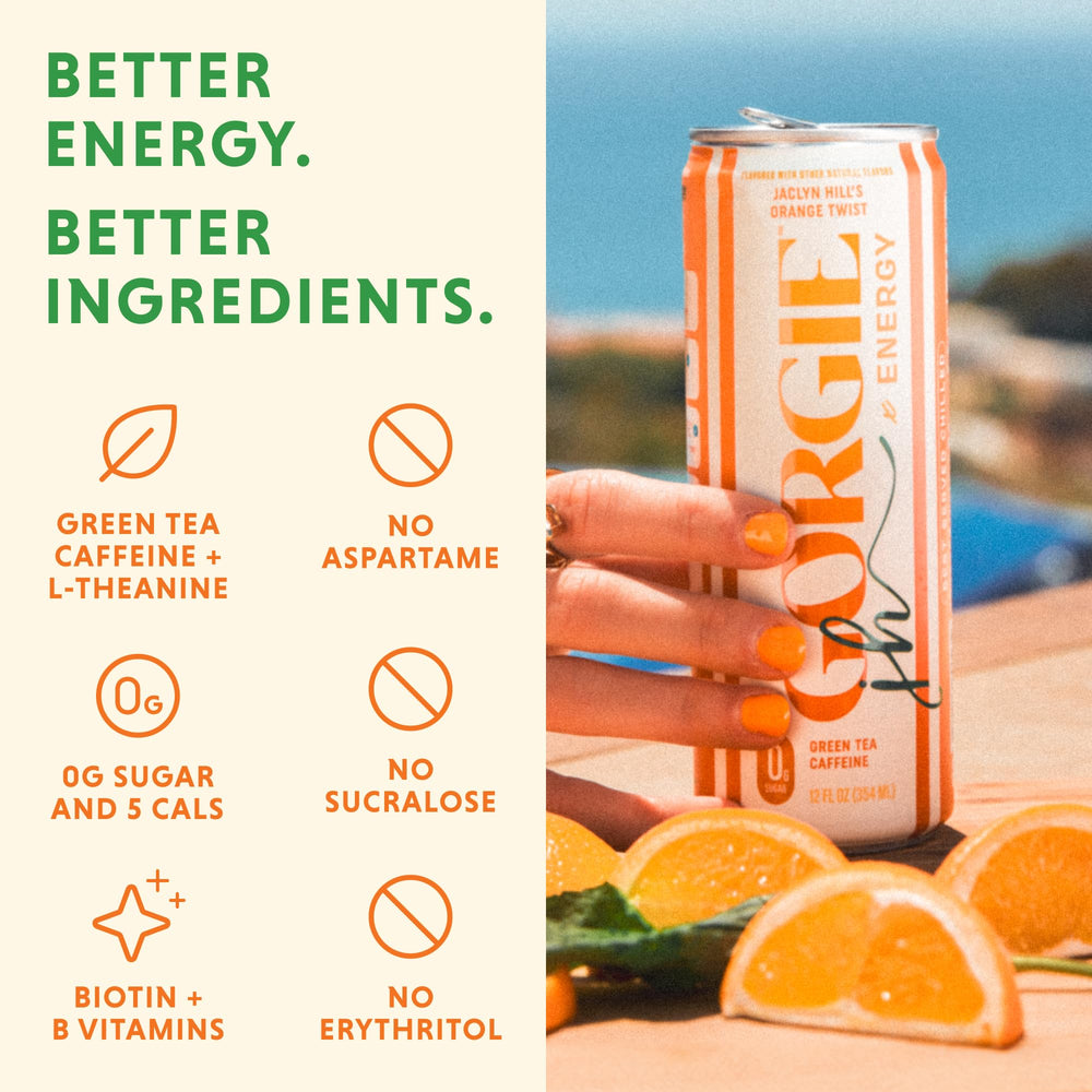 GORGIE Orange Twist pack 12 highlights convenient single-serving cans.