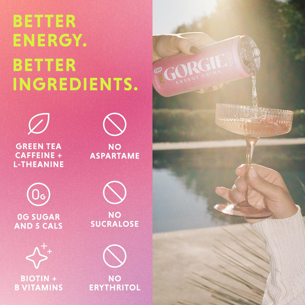 GORGIE Pink Lemonade ingredient panel highlights green tea caffeine