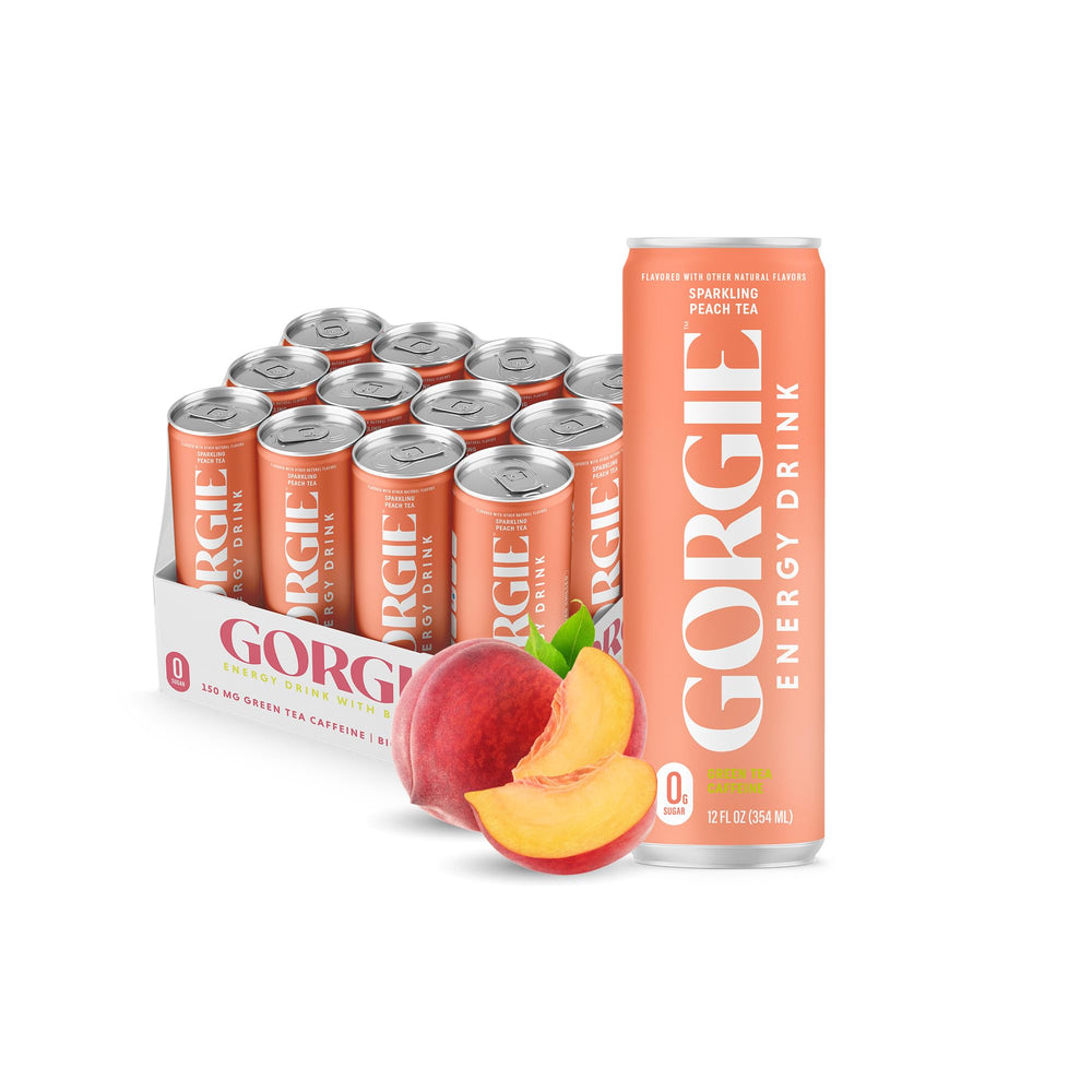 GORGIE Sugar Free Peach energy drink 12-pack packshot promoting a low-calorie caffeine boost.