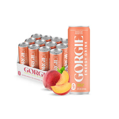 GORGIE Sugar Free Peach energy drink 12-pack packshot promoting a low-calorie caffeine boost.