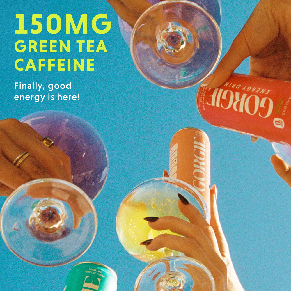 GORGIE Sugar Free Peach energy drink can back shows nutritional info for 0 sugar and 5 calories.