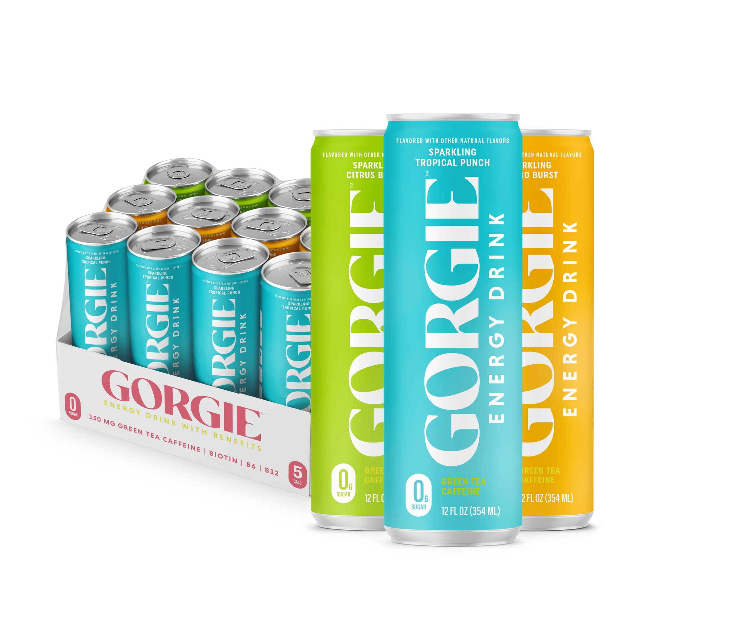 GORGIE Tropical Variety bottle pour showcasing a refreshing sugar-free energy drink