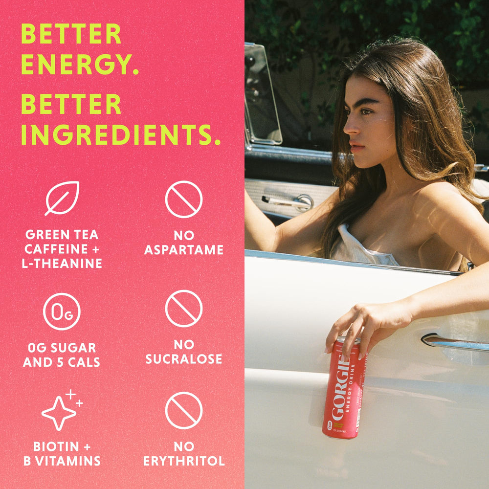 GORGIE Watermelon Crush ingredients panel calls out green tea caffeine and biotin.