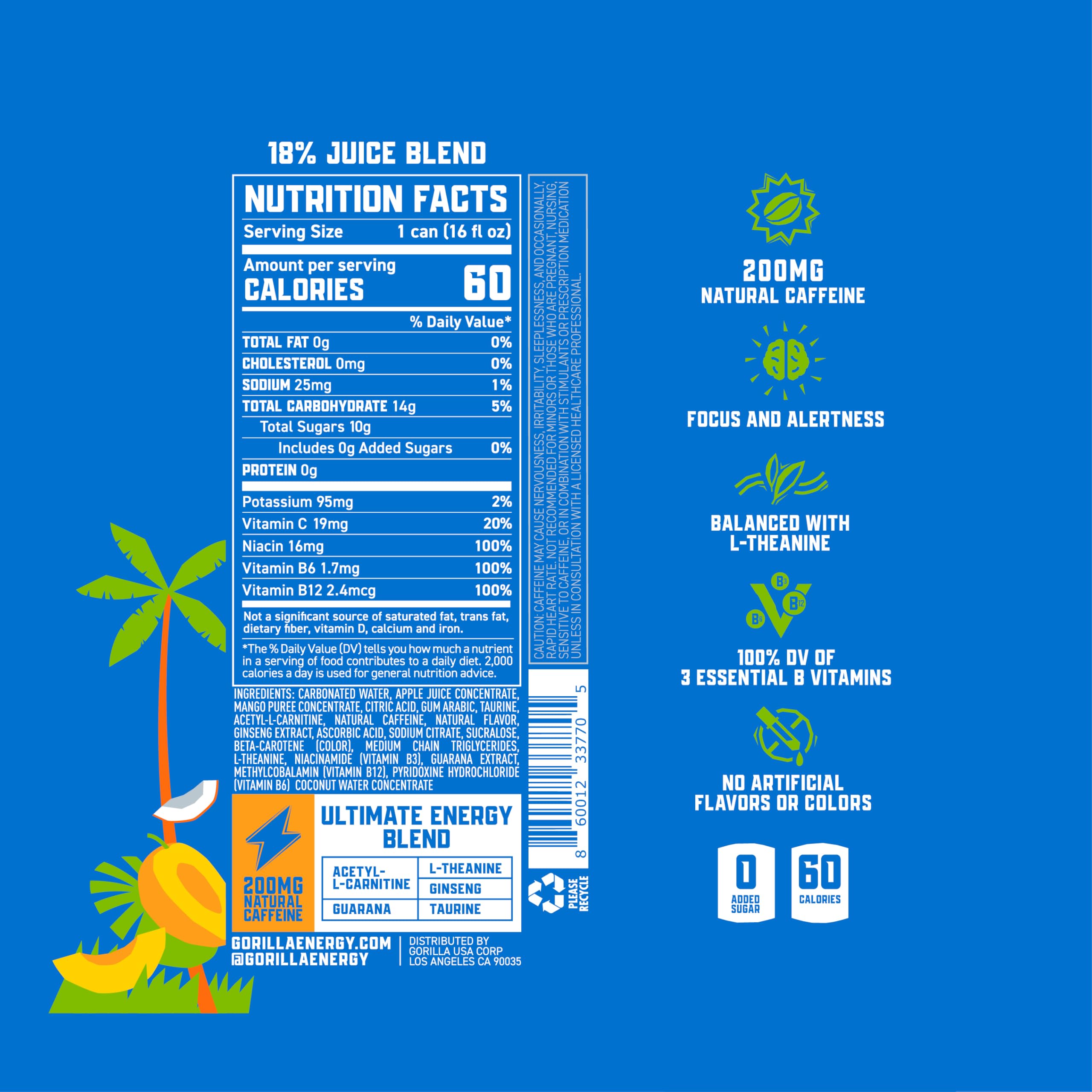 Close-up of the Gorilla Energy Mango Coconut label and branding