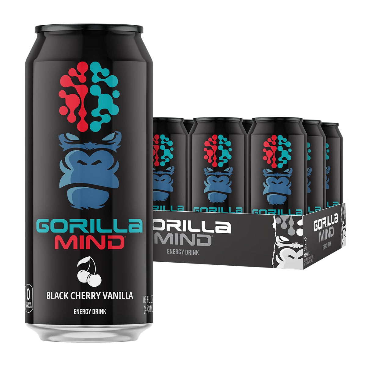 Gorilla Mind Energy Drink bottle front in black cherry vanilla for focused energy.