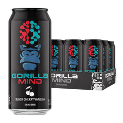 Gorilla Mind Energy Drink bottle front in black cherry vanilla for focused energy.