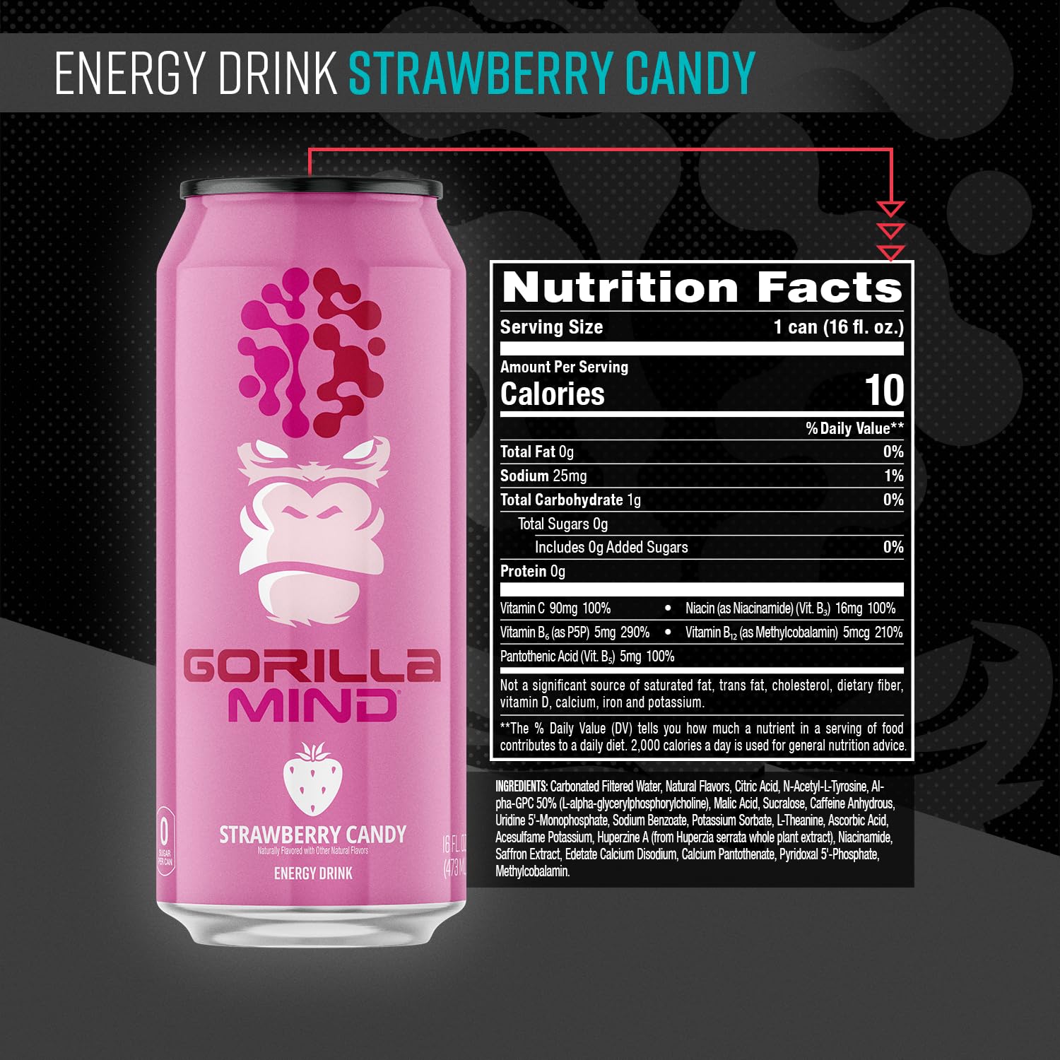 Gorilla Mind Energy Drink close-up ingredients highlight no sugar formula.