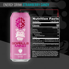 Gorilla Mind Energy Drink close-up ingredients highlight no sugar formula.