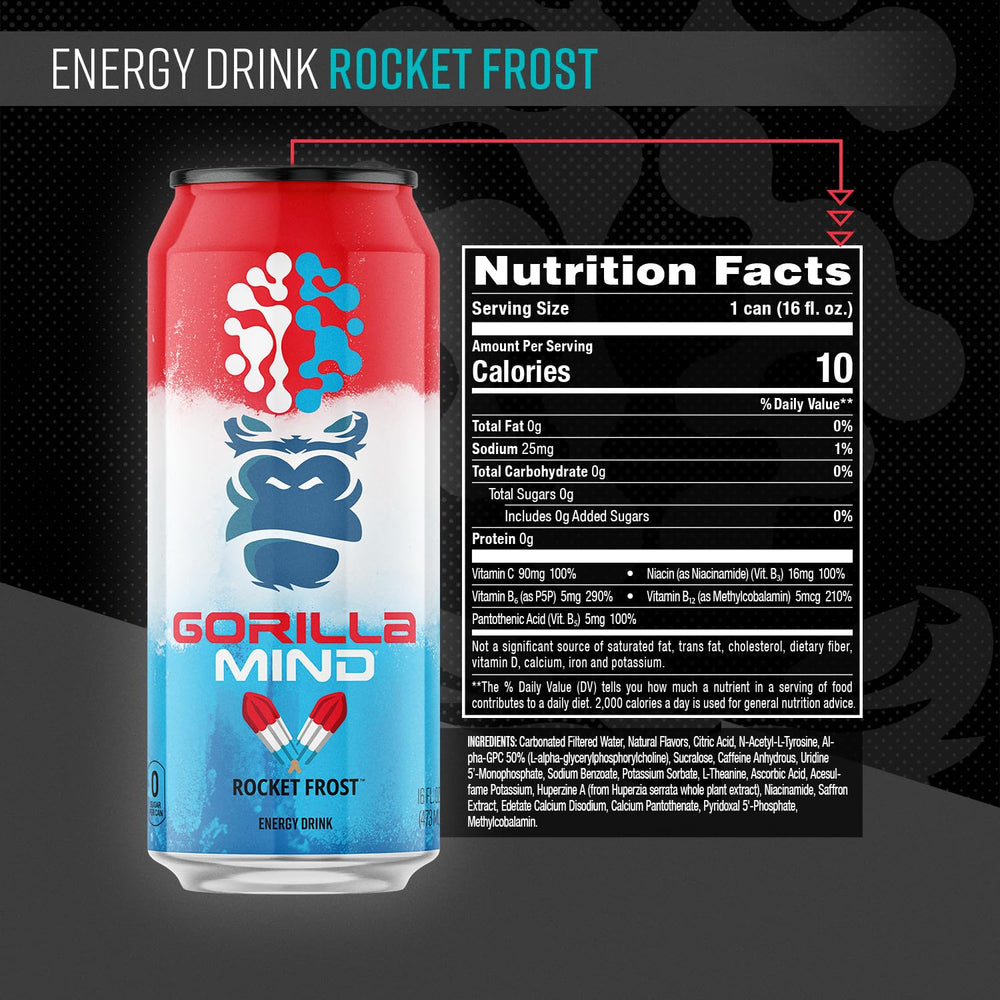 Gorilla Mind Energy Drink label highlighting sugar-free formula