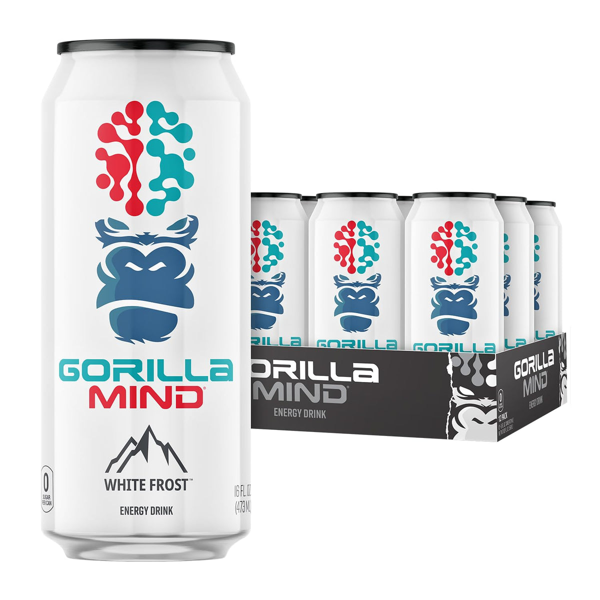 Gorilla Mind Energy Drink White Frost can front with bold branding and energy for focus.