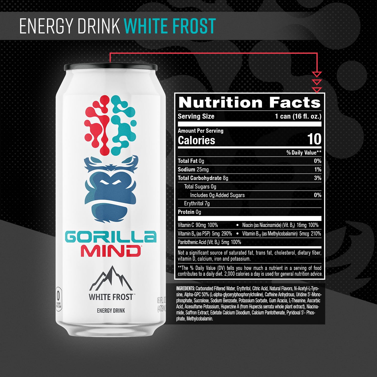 Gorilla Mind Energy Drink White Frost label detail shows premium ingredients and modern design.