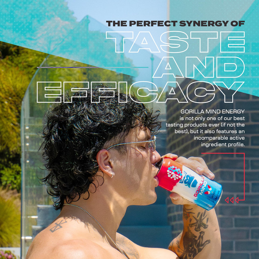 Gorilla Mind Energy on ice in a glass for a refreshing energy boost