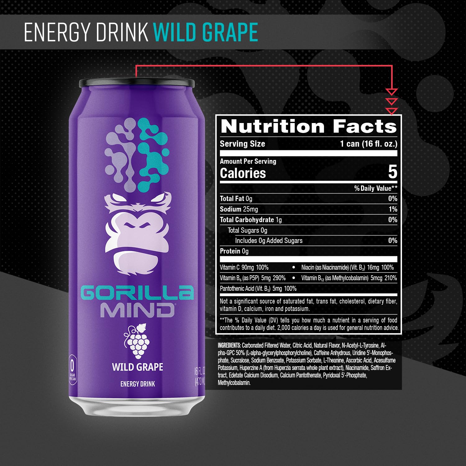 Gorilla Mind Energy Wild Grape label showing a sugar-free formulation