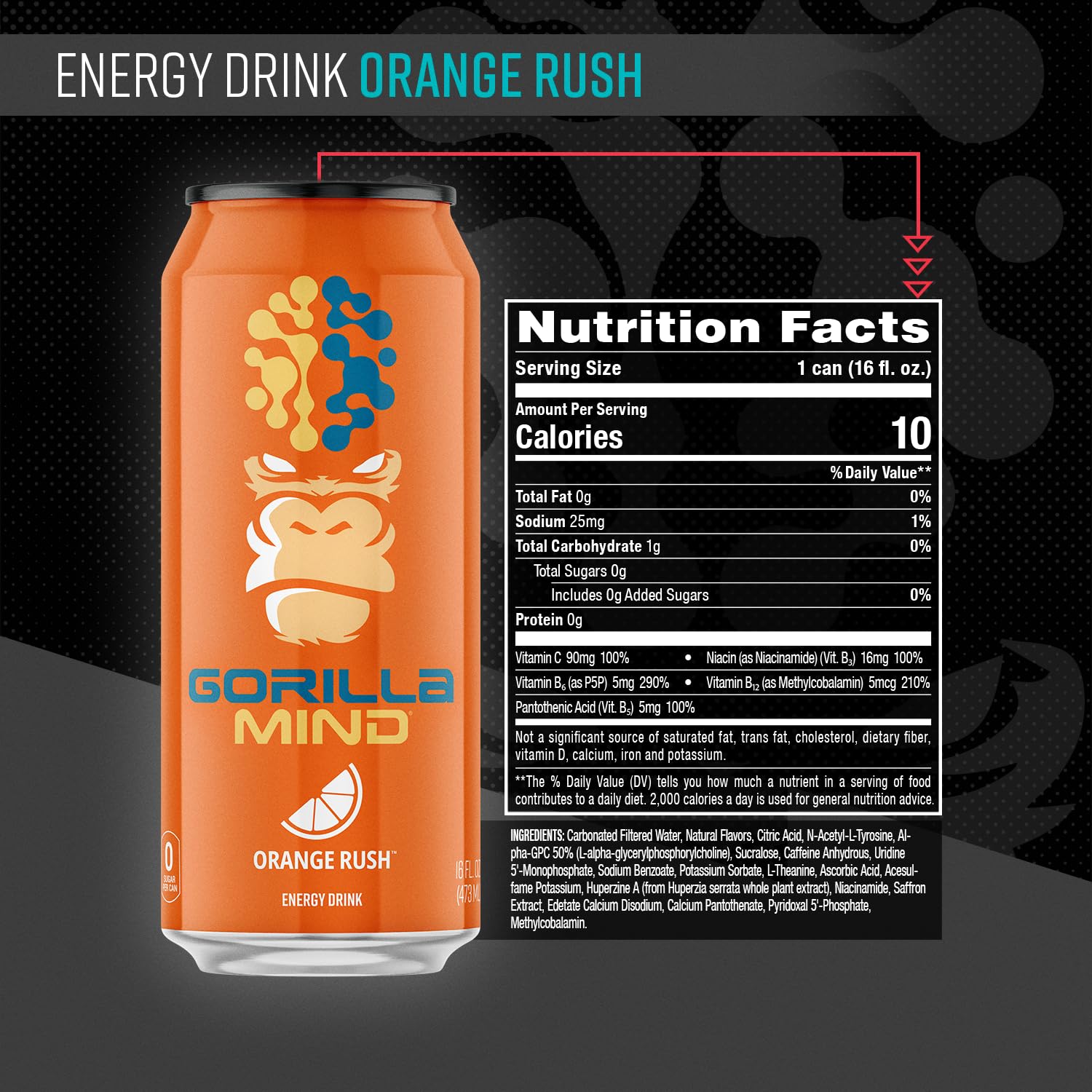 Close-up of Gorilla Mind label showing no sugar and no artificial colors