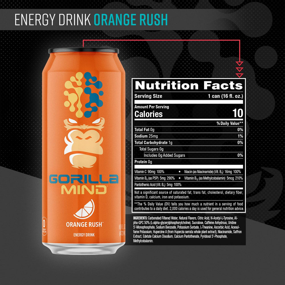 Close-up of Gorilla Mind label showing no sugar and no artificial colors