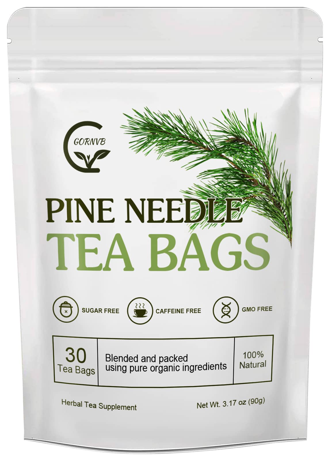 GORNVB Organic Pine Needle Tea Bags packaging highlighting antioxidant-rich blend
