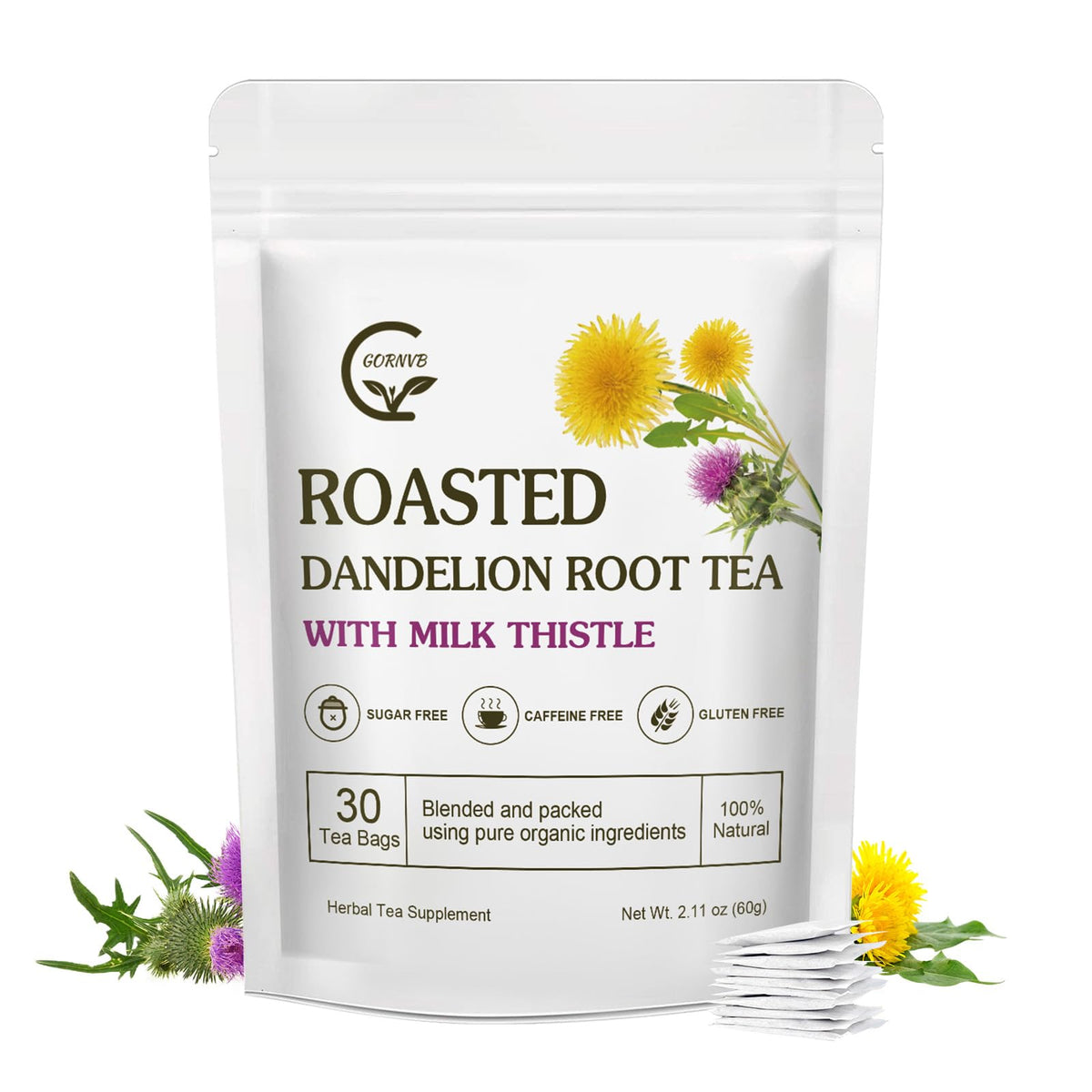 GORNVB organic dandelion tea bag close-up showing natural ingredients.