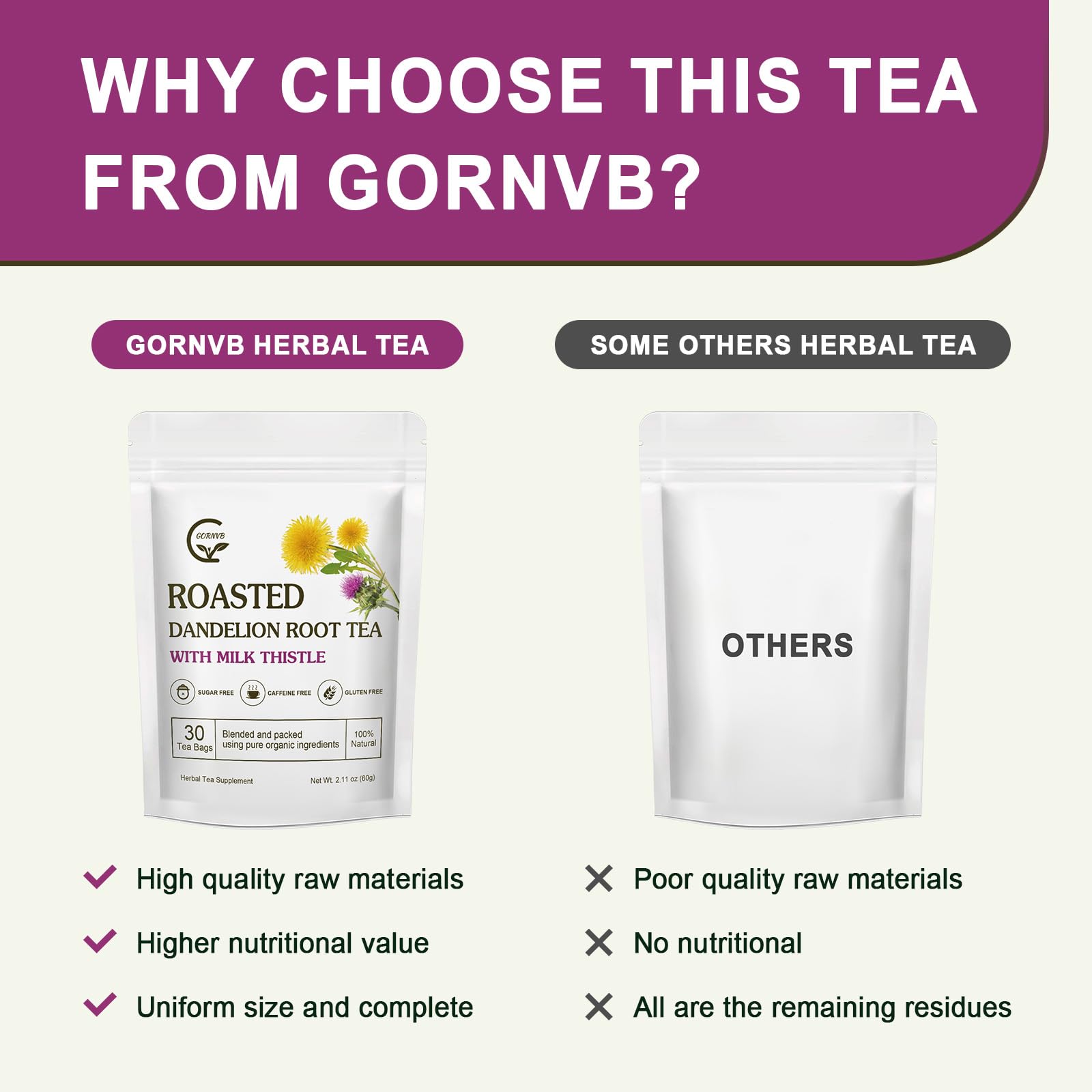 GORNVB herbal tea sachets arranged for a caffeine-free blend.