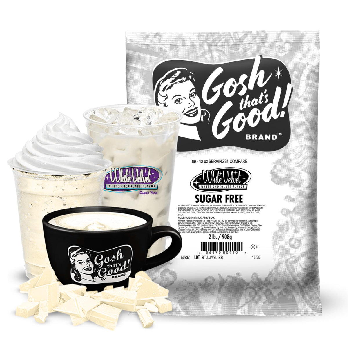 Gosh That's Good sugar-free white velvet chocolate bottle pour highlights a smooth, low-calorie indulgence.