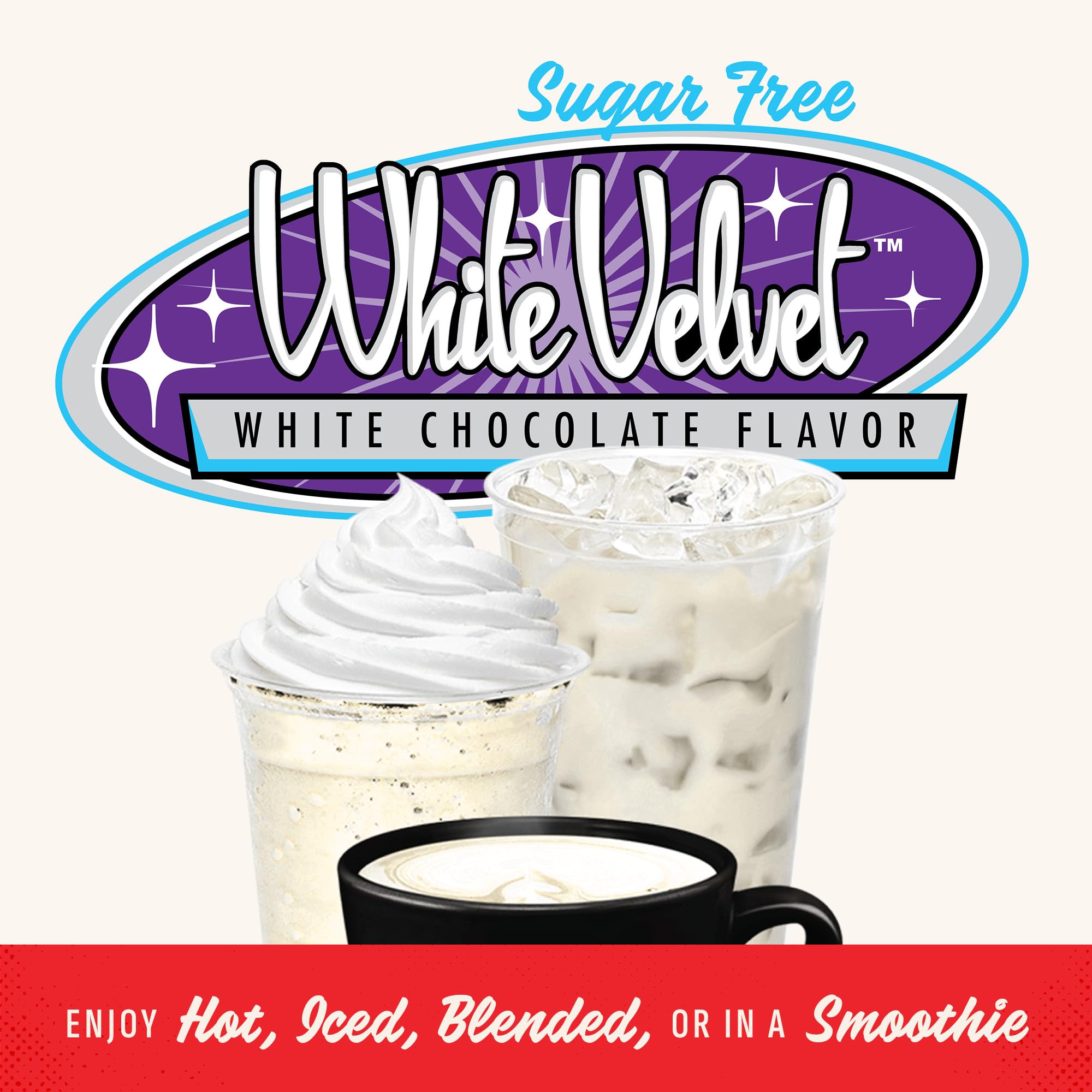 Gosh That's Good sugar-free white velvet chocolate scoop reveals convenient measuring for beverages.