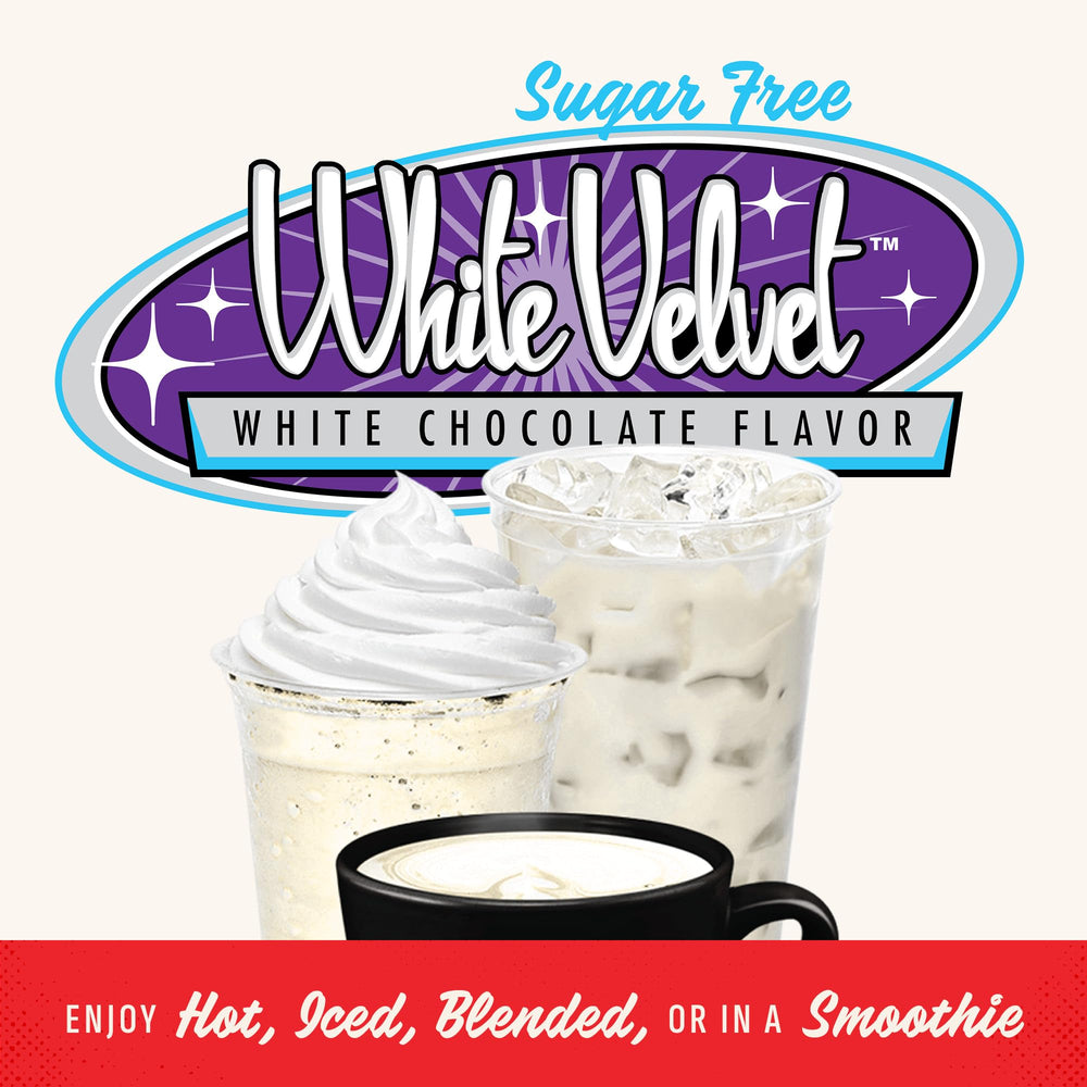Gosh That's Good sugar-free white velvet chocolate scoop reveals convenient measuring for beverages.