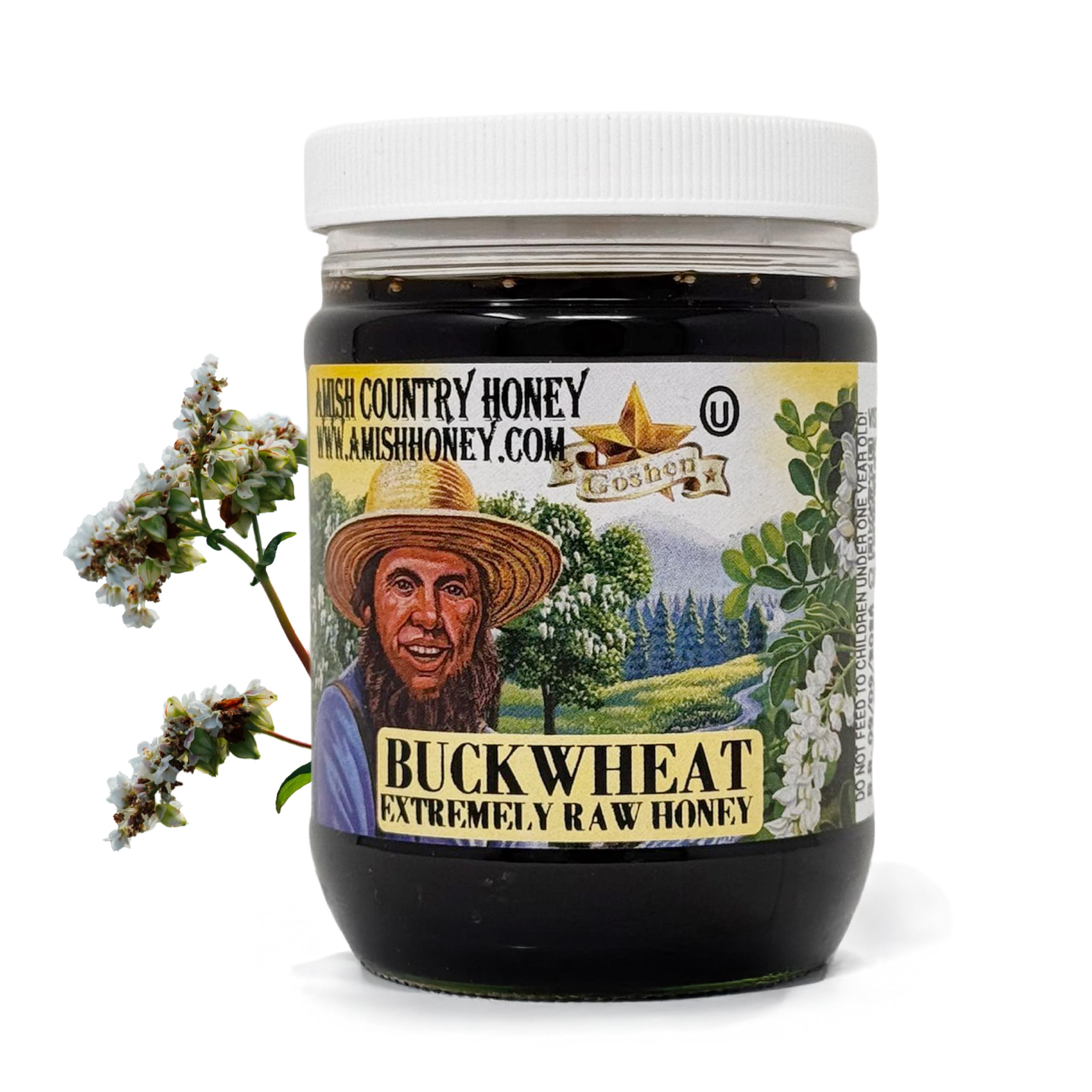 Goshen Honey Buckwheat Extremely Raw bottle pour highlights bold flavor for tea and baking.