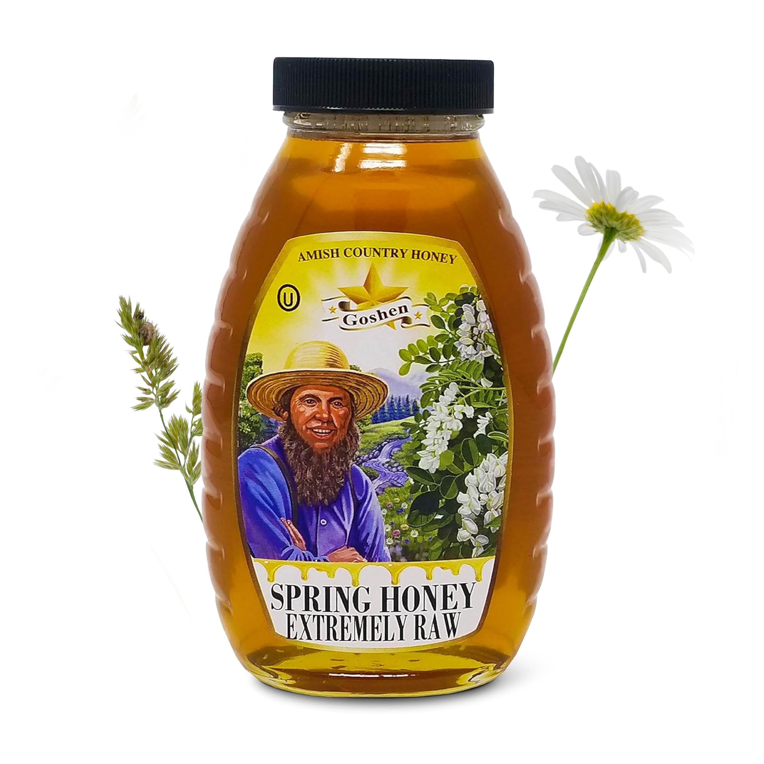 Goshen Honey glass jar on table shows rich amber color for premium tea sweetening.