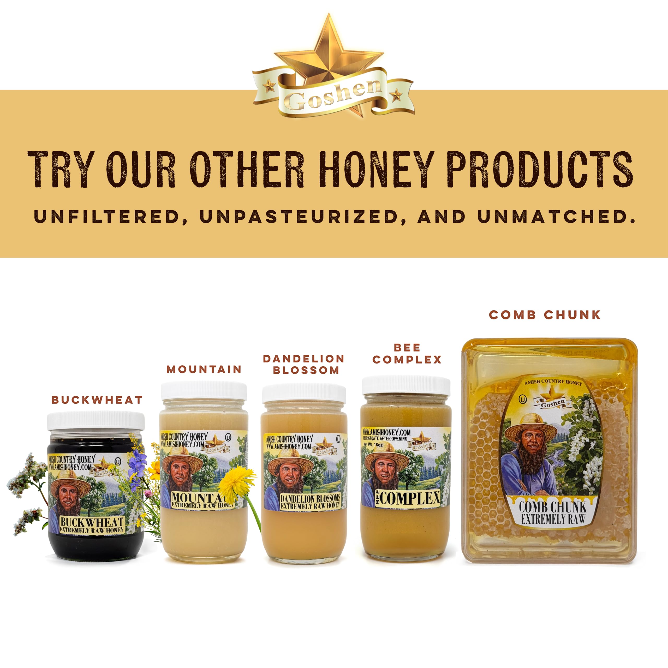 Goshen Honey packaging shows 454g 16oz label on the jar.