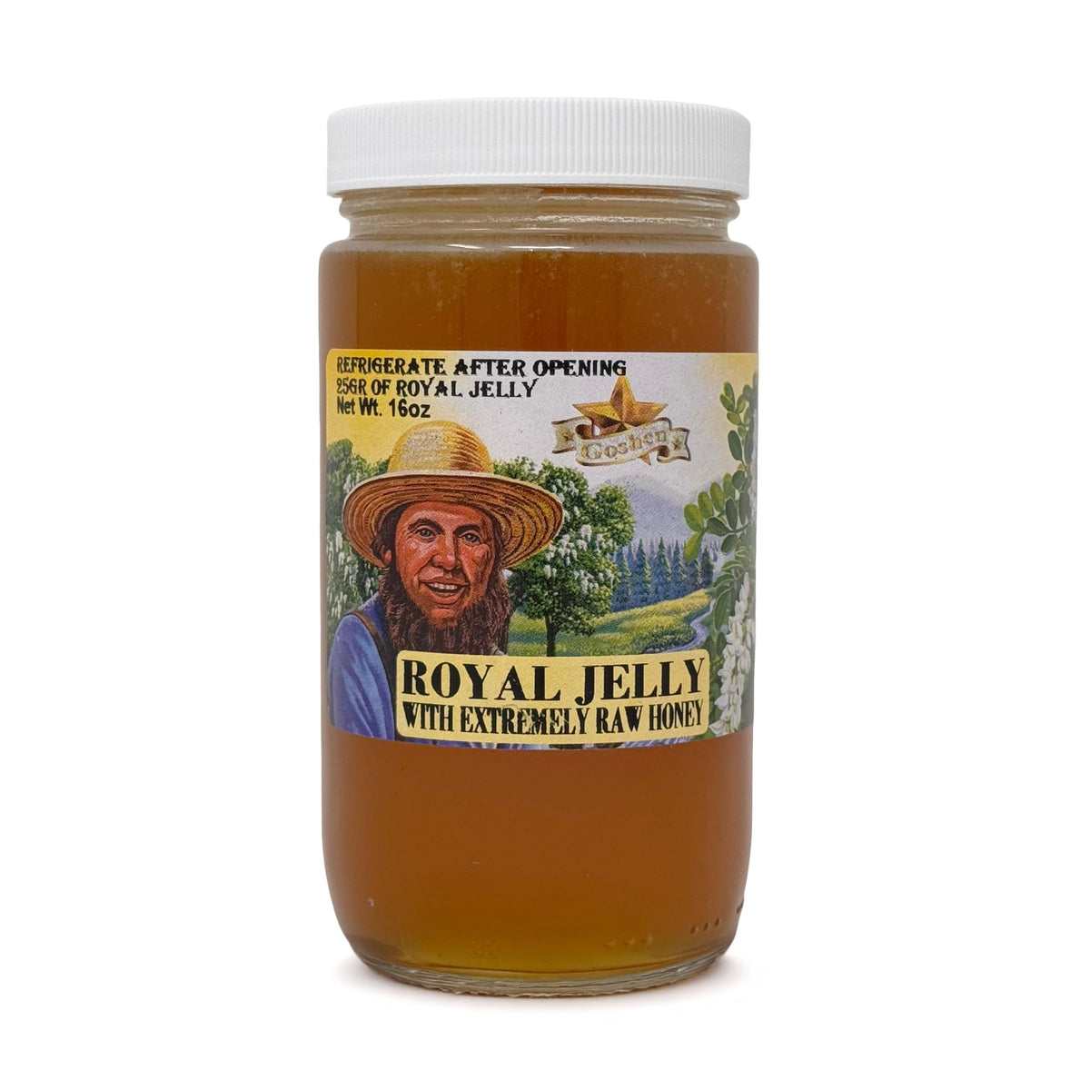 Goshen Honey Raw Royal Jelly bottle with rich amber color for natural energy.