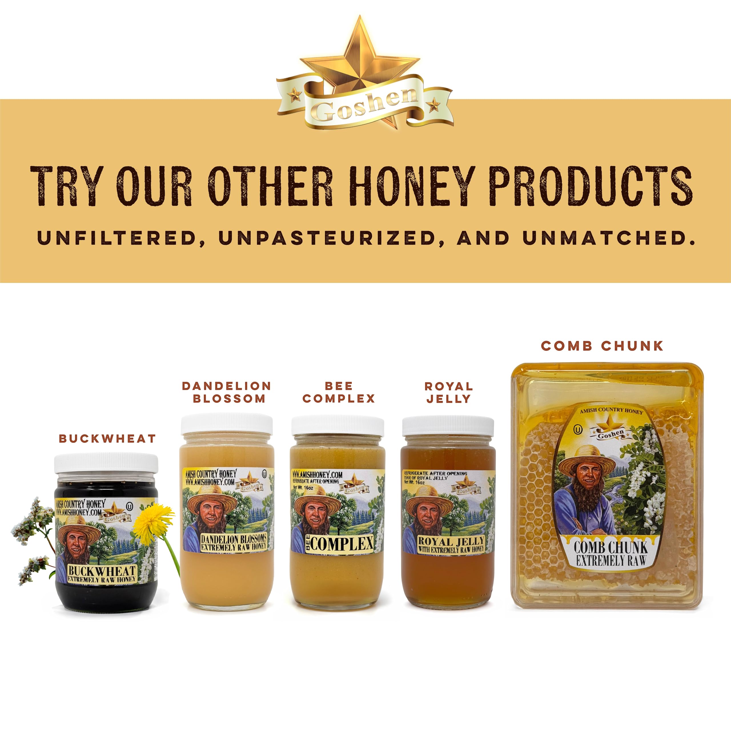 Goshen Honey tea preparation image suggests versatile use as a sweetener.