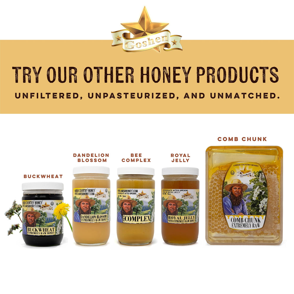 Goshen Honey tea preparation image suggests versatile use as a sweetener.