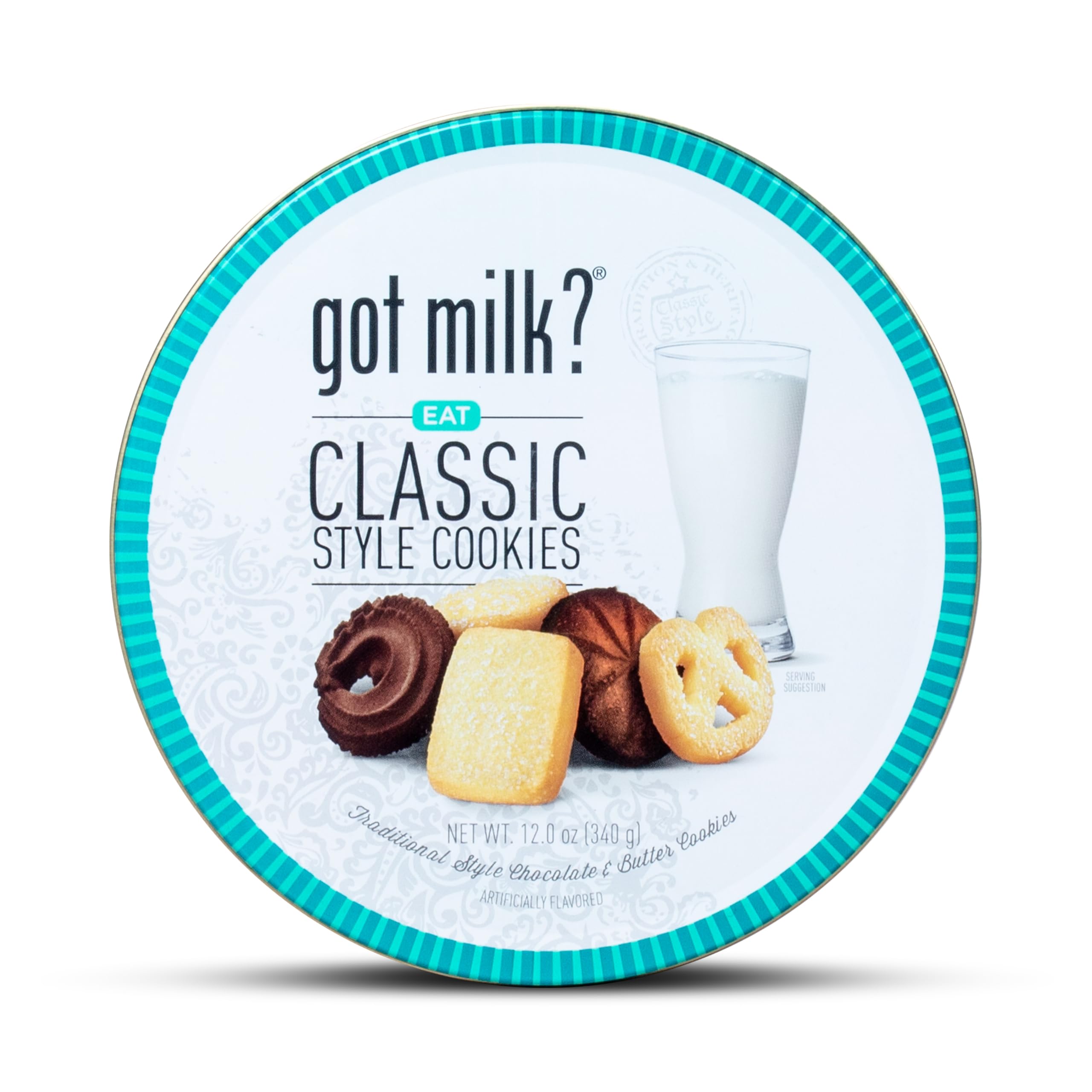 Close-up of butter and chocolate cookies inside the Got Milk? tin