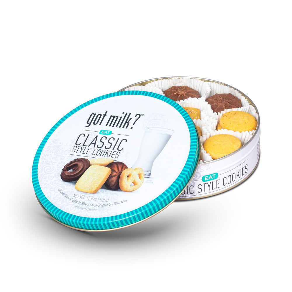Cookies from Got Milk? tin paired with coffee and tea on a platter