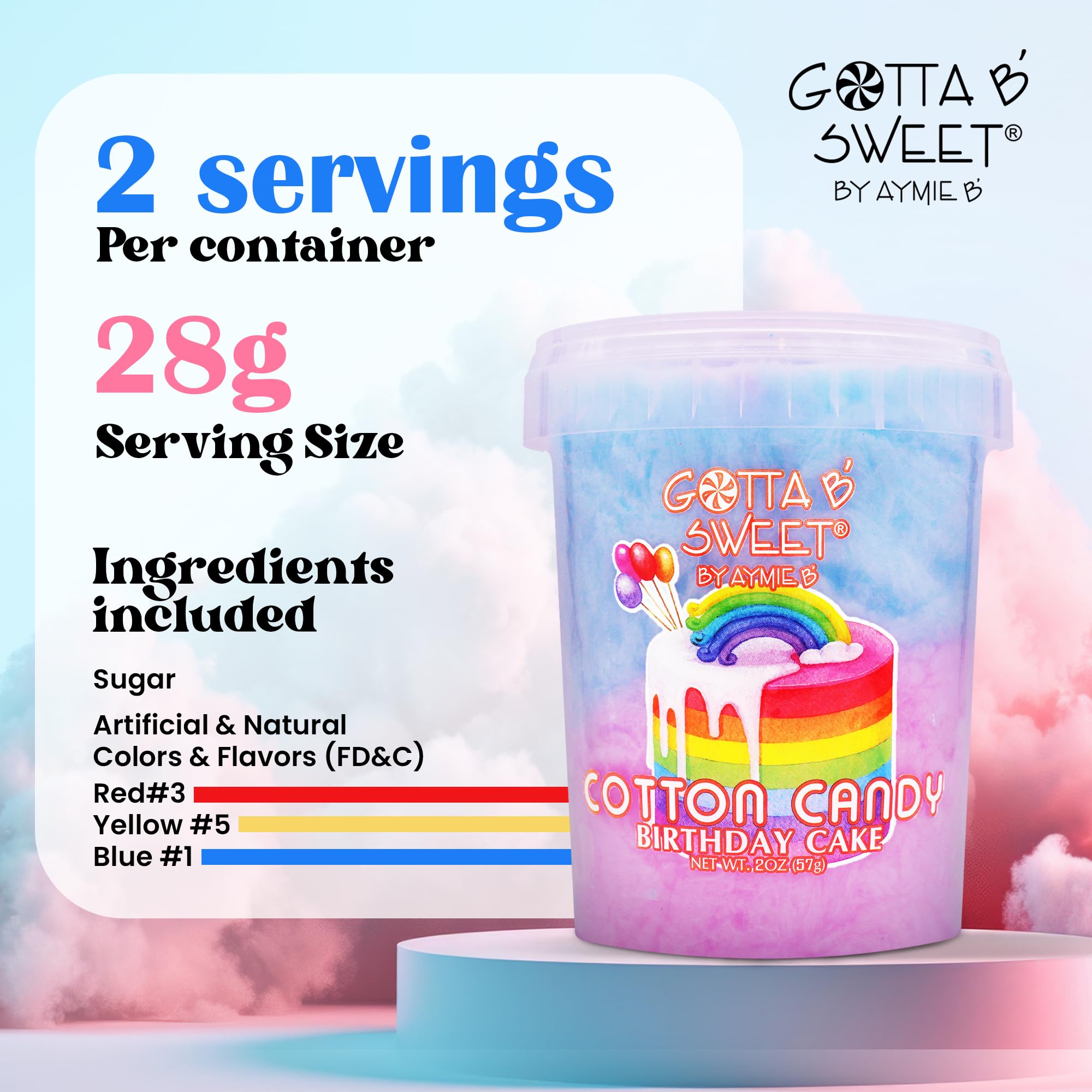 Gotta B Sweet cotton candy jar closeup highlights fresh fluffy texture for snacking.