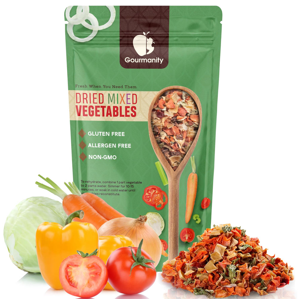 Gourmanity 1lb vegetable soup blend bag showing all-natural dehydrated vegetables for quick meals.