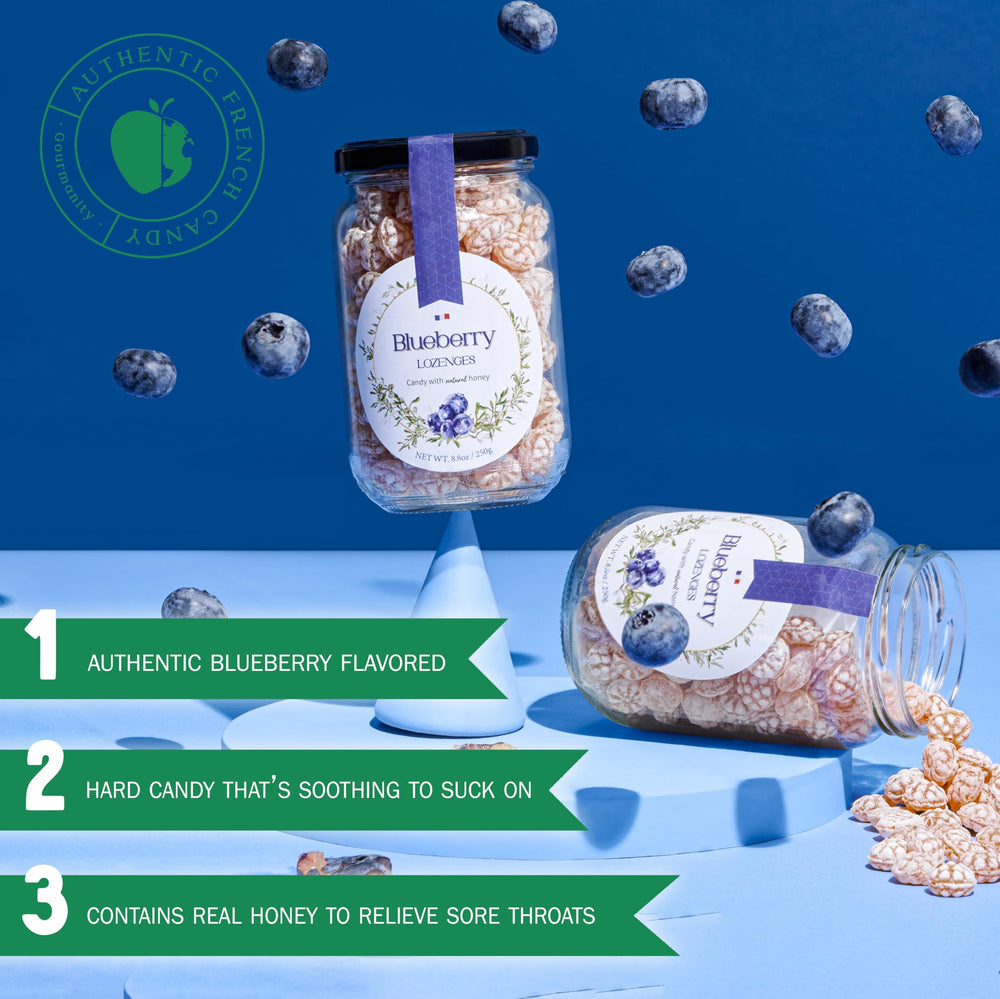 Gourmanity blueberry honey lozenges closeup highlights natural blueberry flavor.
