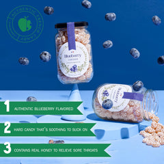 Gourmanity blueberry honey lozenges closeup highlights natural blueberry flavor.