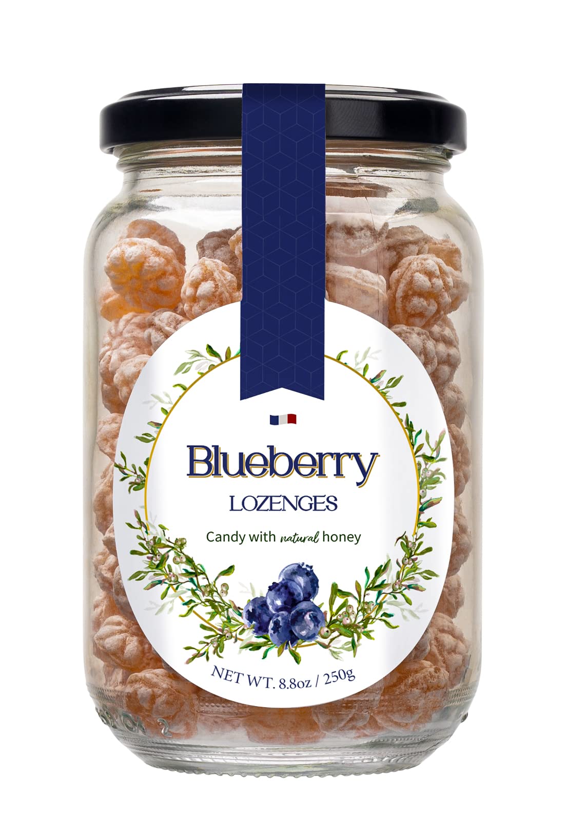 Gourmanity blueberry honey lozenges jar shows premium flavor and soothing potential.