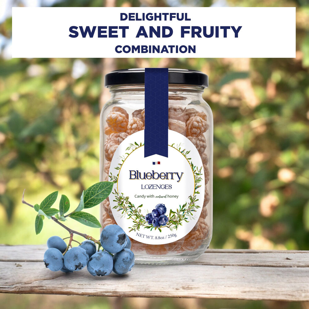 Gourmanity blueberry honey lozenges packaging displays luxury French candy heritage.