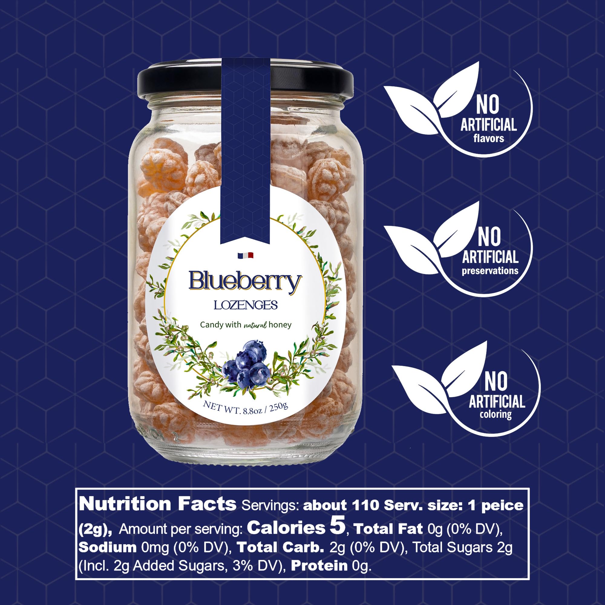 Gourmanity blueberry honey lozenges tasting visual suggests fruity sweetness.