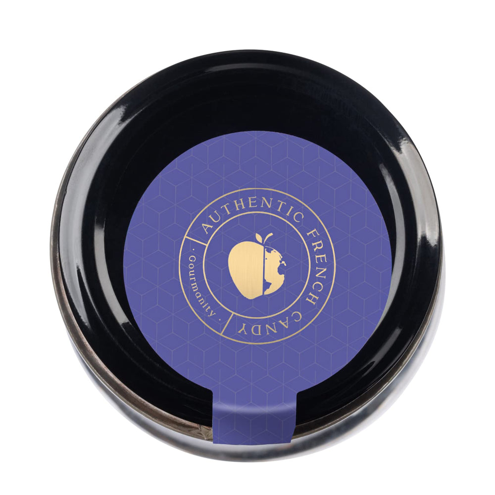 Gourmanity brand label shot – heritage French candy with natural violet flavor.