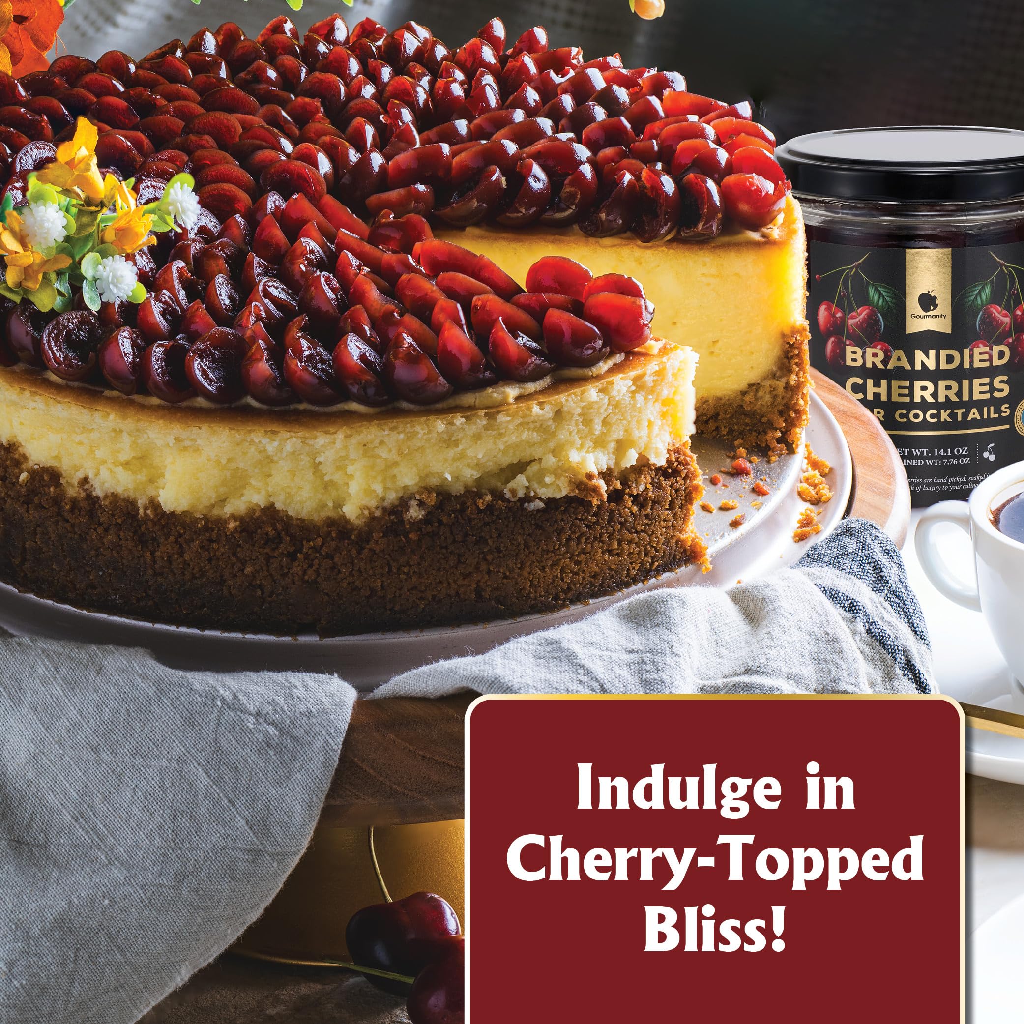 Gourmanity brandied cherries cheesecake topping adds depth and flavor.