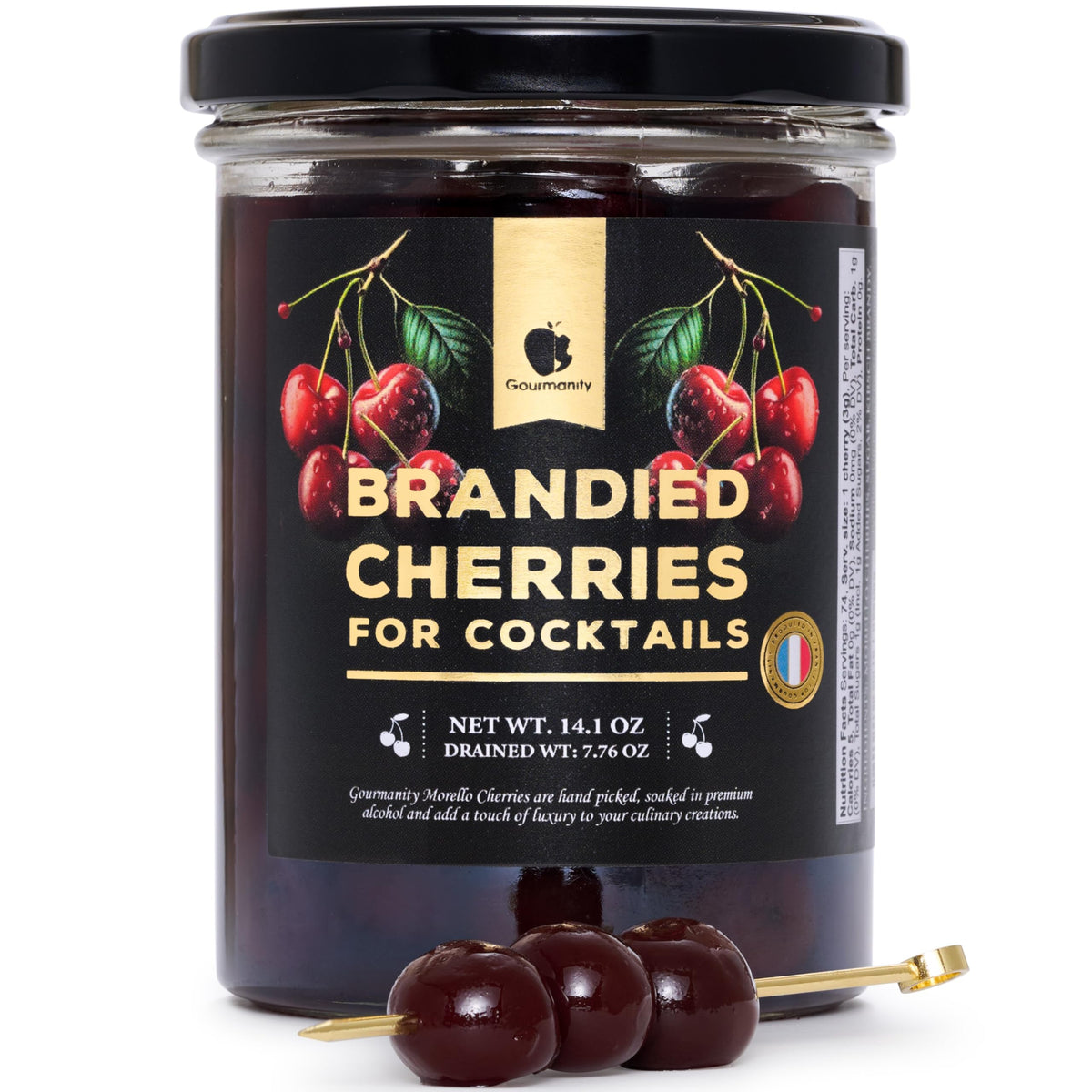 Gourmanity brandied cherries in Kirsch bottle highlight premium cocktail garnish.