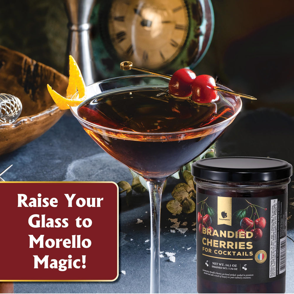 Gourmanity brandied cherries vanilla ice cream pairing adds refined balance.