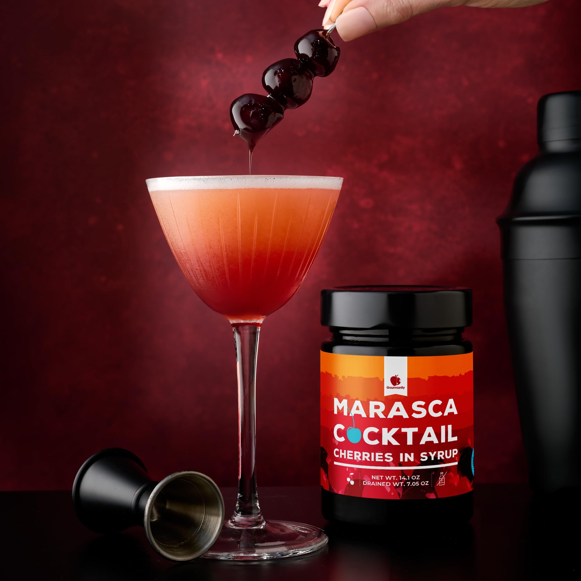 Gourmanity cherries garnish dessert: deep color elevates sundaes and gelato.
