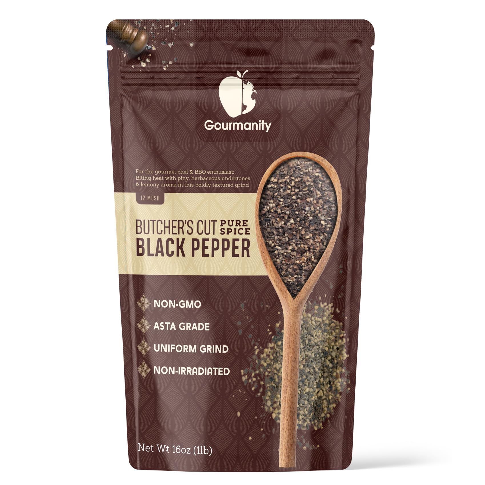 Gourmanity coarse black pepper 12-mesh granules for bold rubs and seasoning blends.