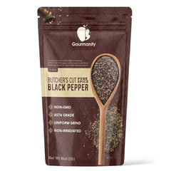 Gourmanity coarse black pepper 12-mesh granules for bold rubs and seasoning blends.