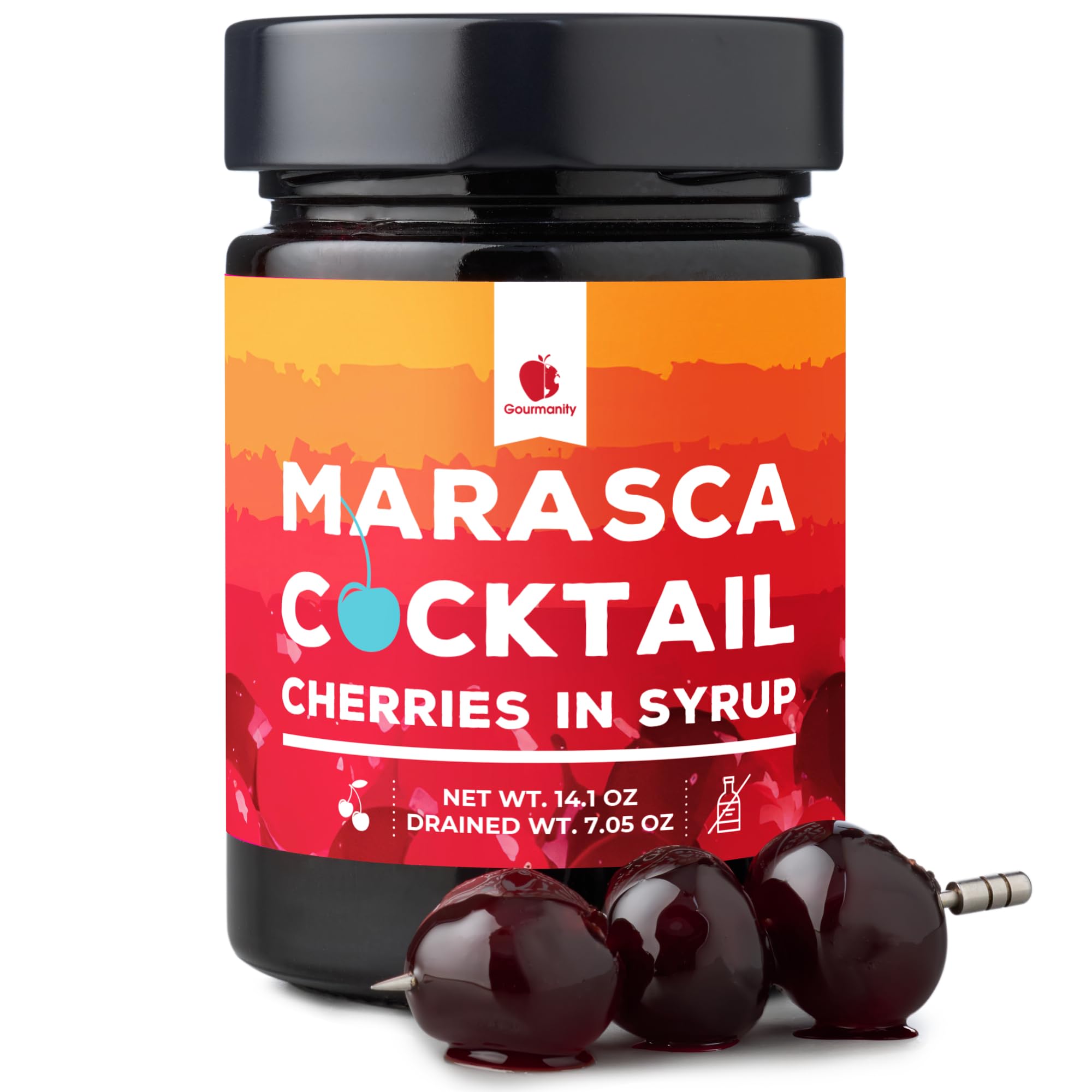 Gourmanity cocktail cherries jar: vibrant garnish for cocktails and desserts.