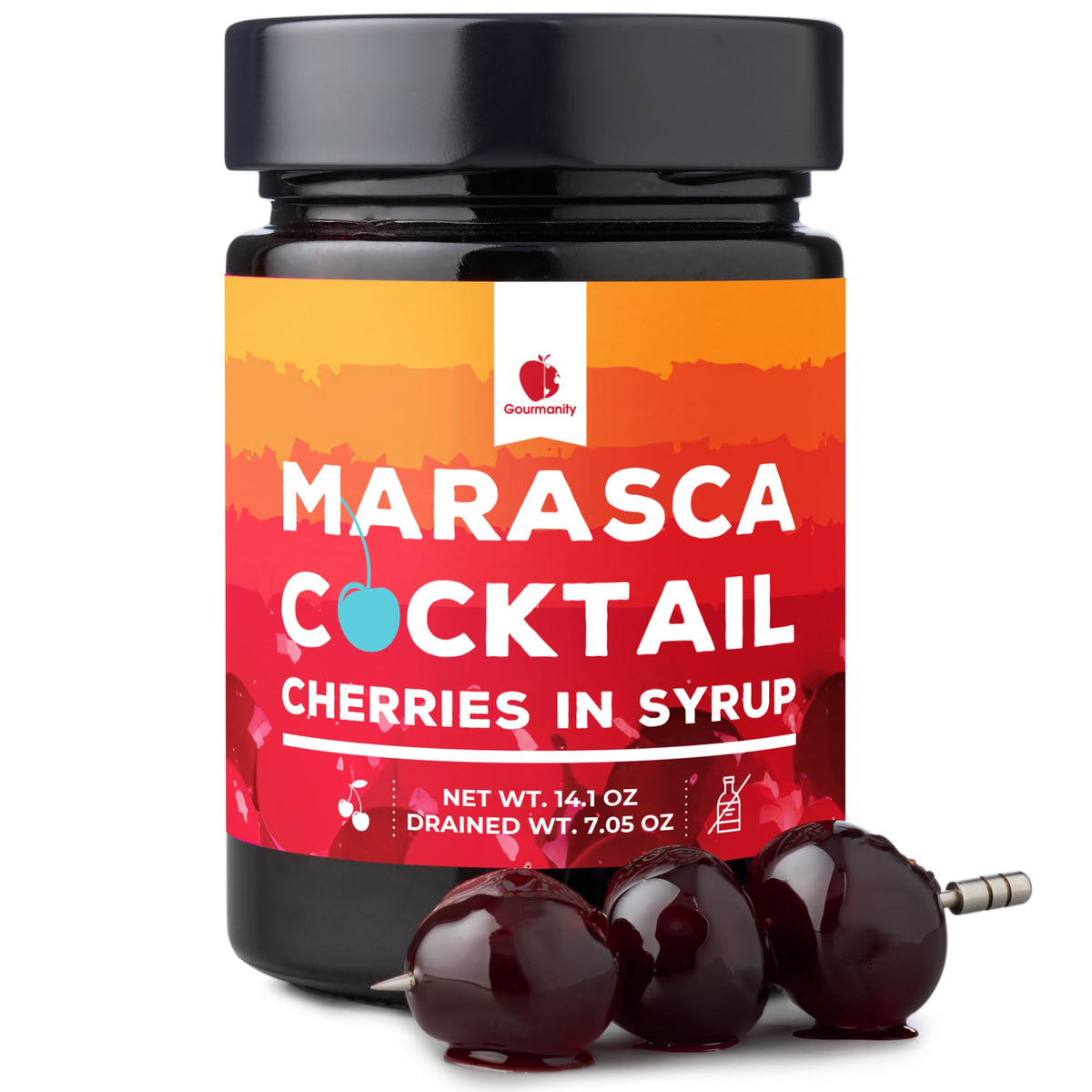 Gourmanity cocktail cherries jar: vibrant garnish for cocktails and desserts.